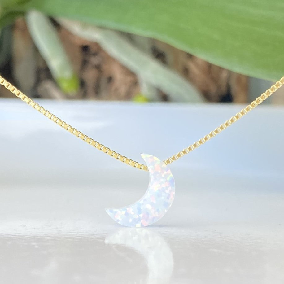 White Opal Moon with gold box chain
