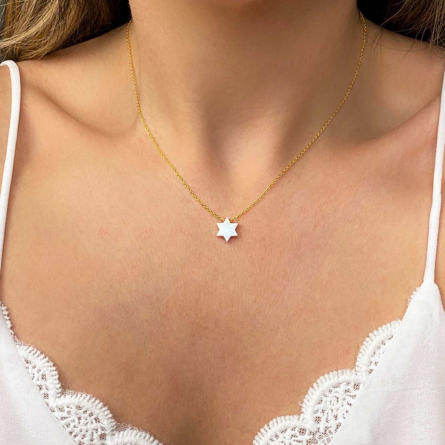 White Opal Star of David Necklace with Gold Cable Chain