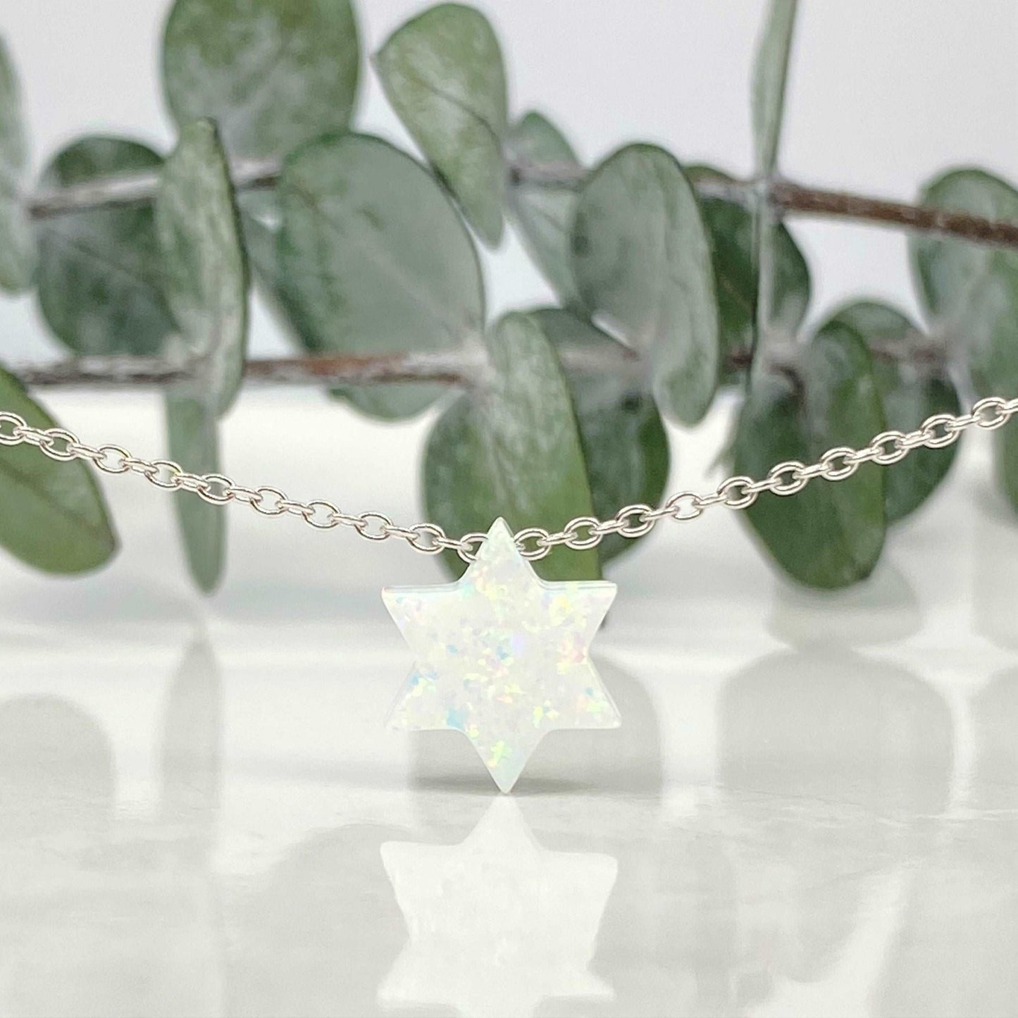 White Opal Star of David Necklace with Silver Cable Chain