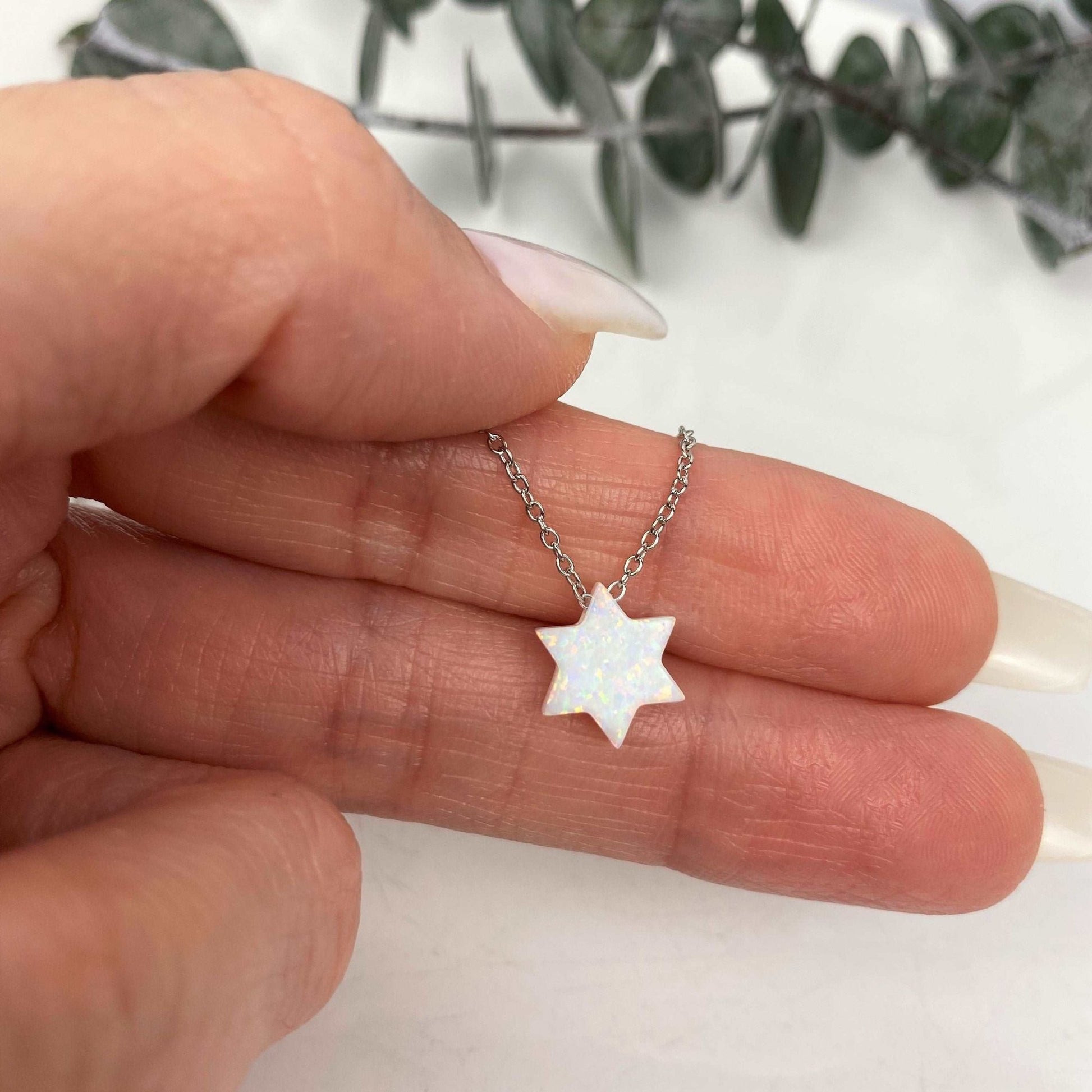 White Opal Star of David Necklace with Silver Cable Chain