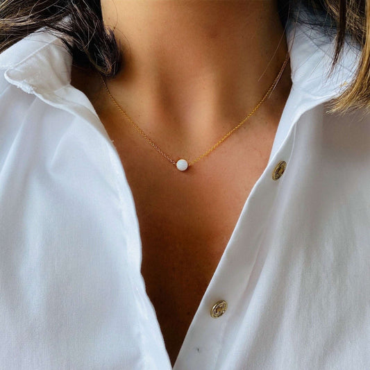 White bead ball opal necklace choker for woman girl with 925 sterling silver cable chain with gold plated in 16 inches